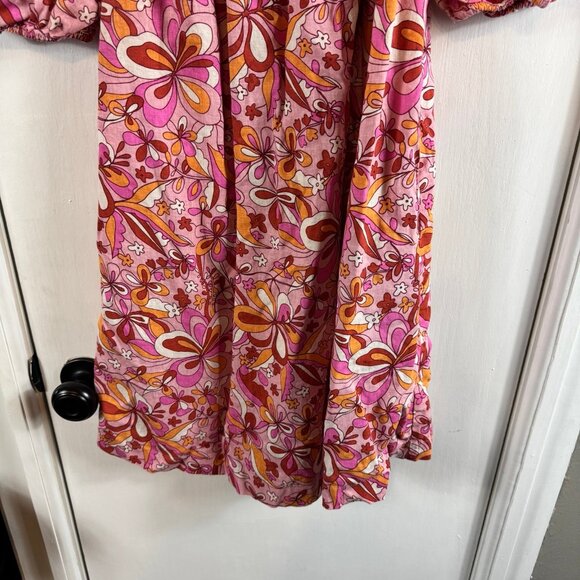 A.N.A. (A New Approach) Linen Blend Peasant Dress – Pink Orange Floral Retro - Picture 4 of 8